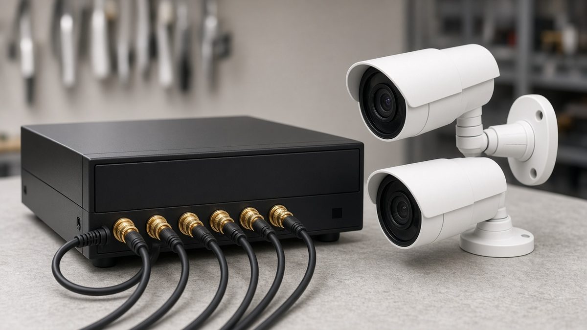 Analogue CCTV DVR with coaxial BNC cables, bullet cameras and power supply