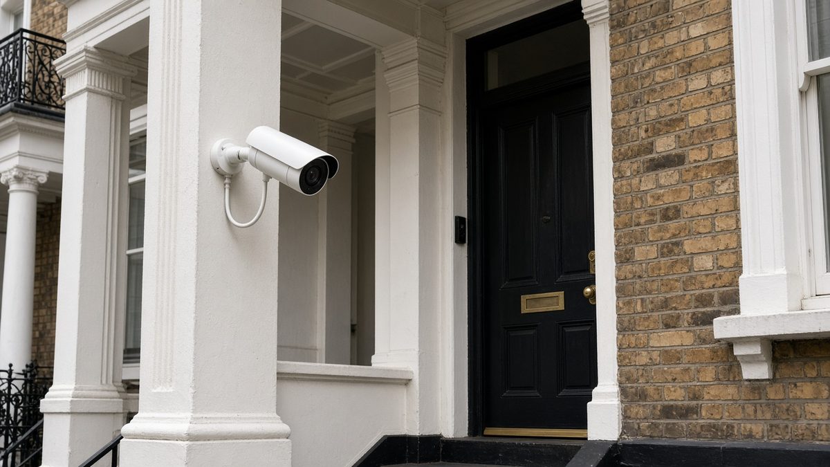 Victorian terraced house in London with a white CCTV camera fitted neatly under the front porch cornice
