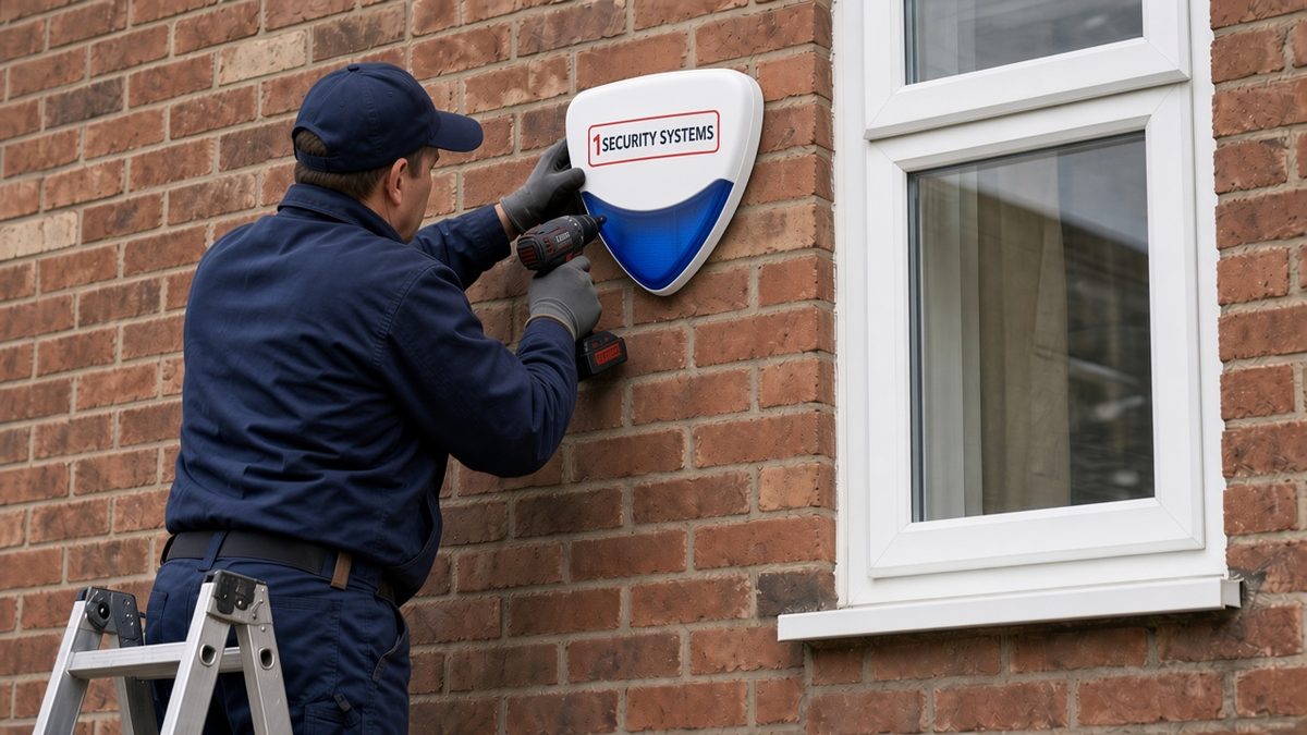 Engineer fitting a 1Security Systems Pyronix alarm bell box to a brick house wall
