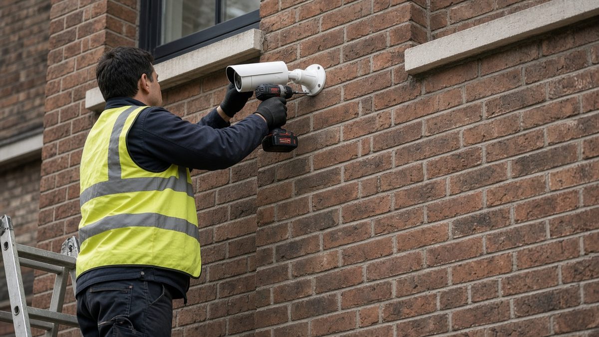 Installer on a ladder fitting a bullet CCTV camera to a junction box on a commercial brick wall