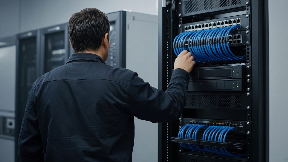 Security engineer configuring a CCTV recorder and network rack in a London office plant room