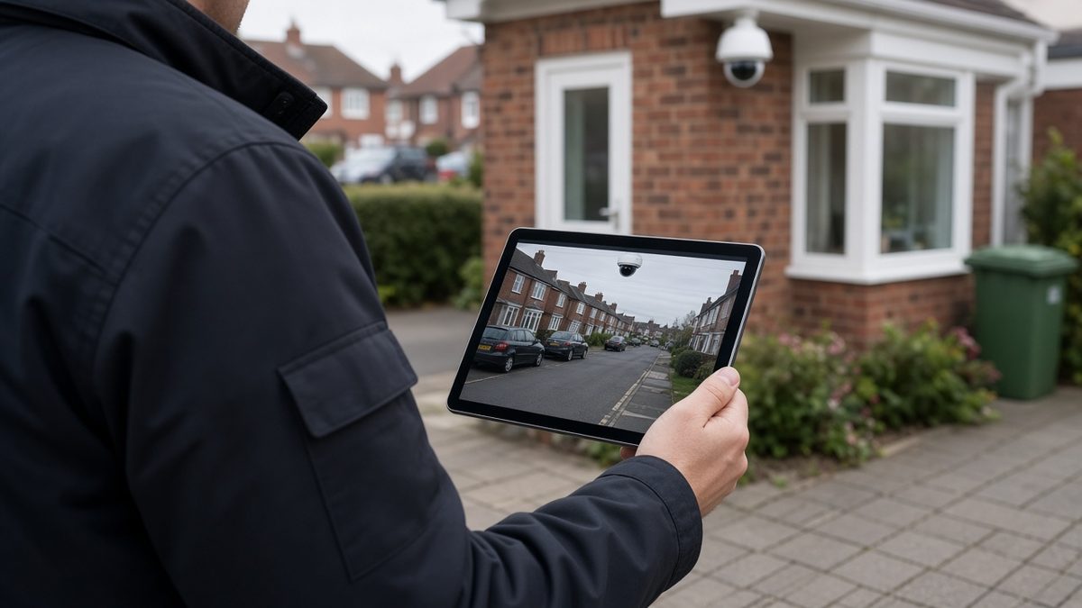 Local CCTV engineer checking a newly installed camera view on a tablet outside a London home