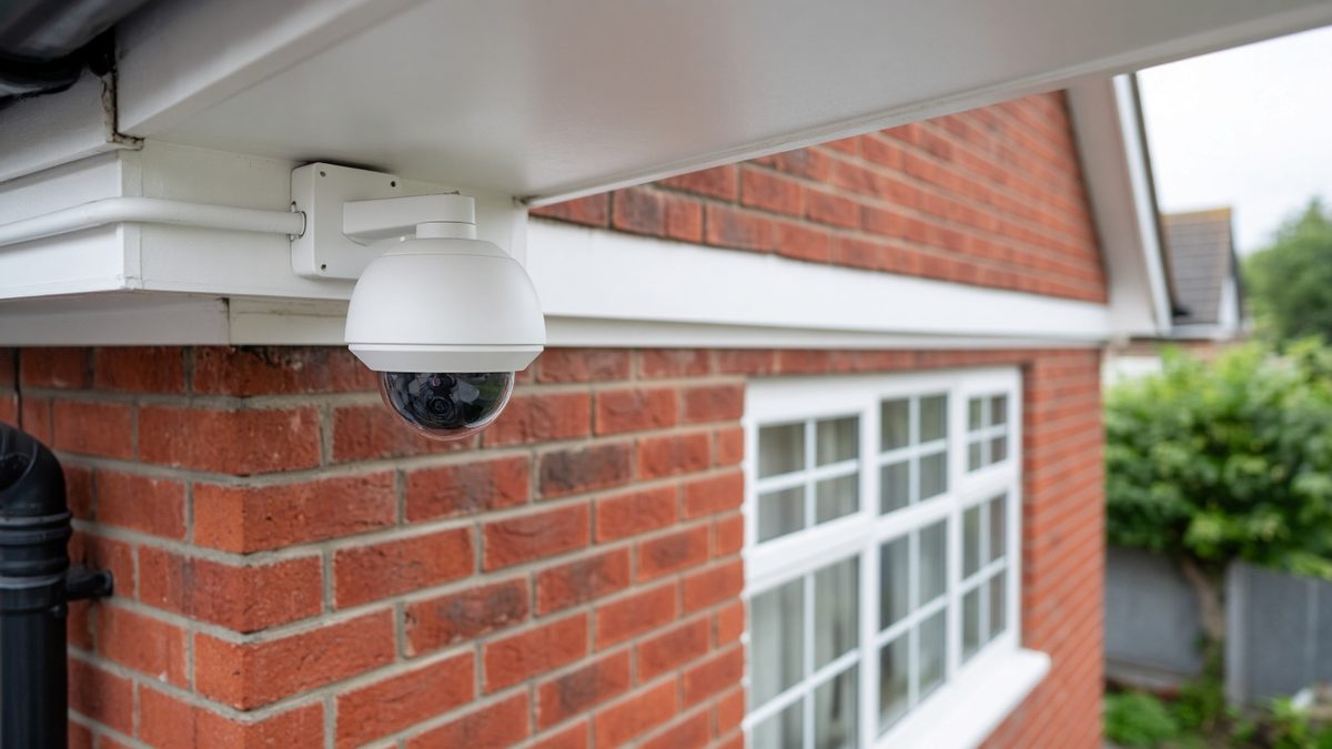 White dome security camera mounted under the soffit of a London semi-detached home