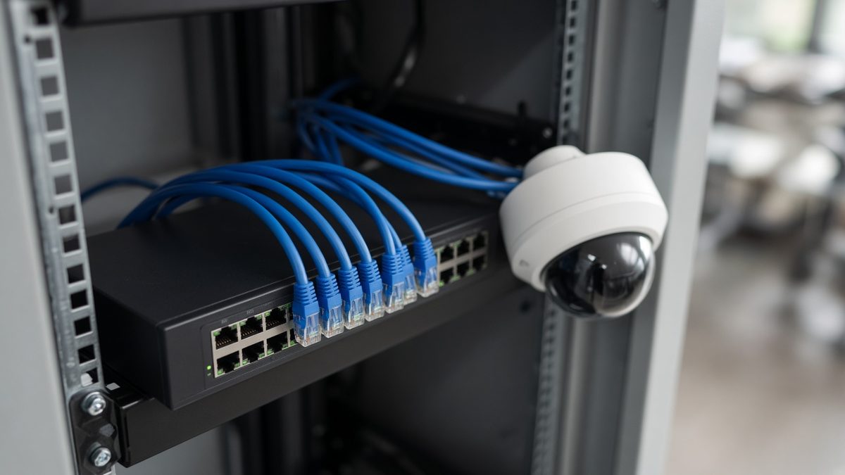 PoE network switch with ethernet cables and an IP dome CCTV camera in a comms cabinet