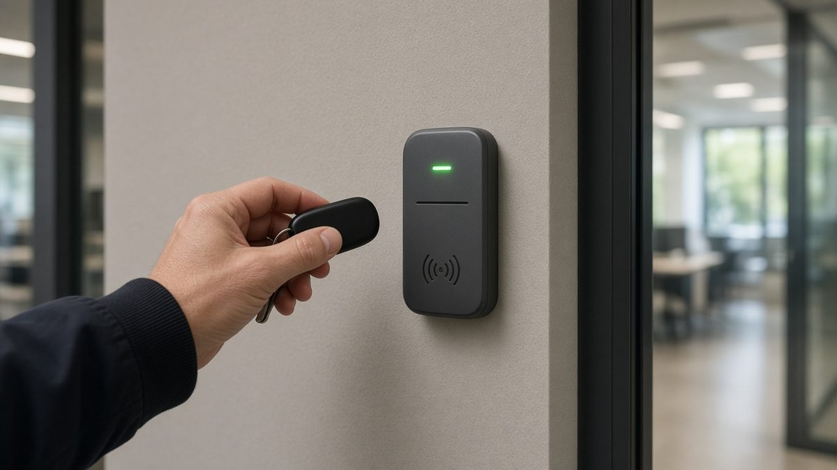 Key fob presented to a proximity access control reader beside a glass office entrance door